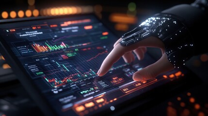 Futuristic metallic prosthetic hand interacting with tablet displaying complex financial data charts and advanced technological integration in society