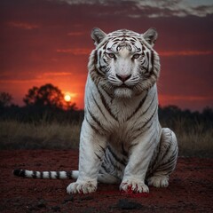 Naklejka premium A battle-scarred white tiger standing under a blood-red sunset.
