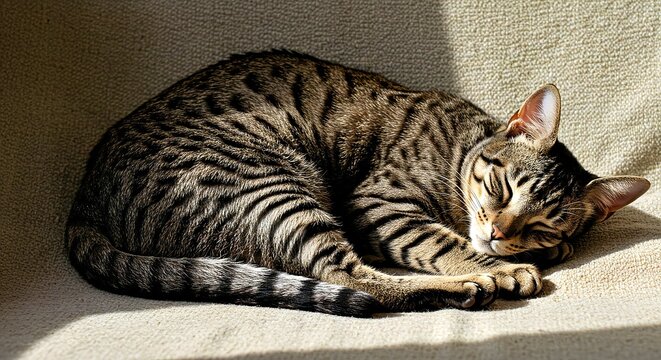 Photograph a Sokoke Cat in a Serene Sleeping Posture, Curled up on a Textured, Natural Fabric, Highlighting Its Sleek Form and Distinctive Ticked Coat_