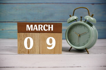 Wooden Calendar Showing the Date of March 9th. Day 9 of March month