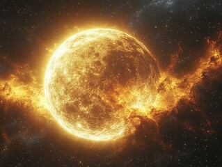 Fiery star glows bright with celestial gas clouds and distant stars