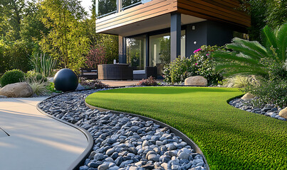 Decorative ground design featuring a blend of artificial grass
