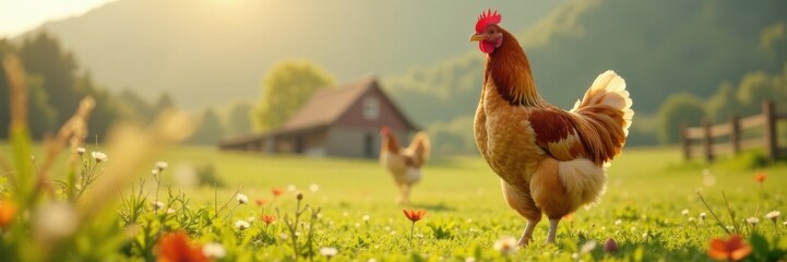 Fototapeta premium Chicken standing on white farm background, poultry, agriculture