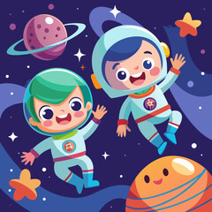 Fototapeta premium Child astronaut in space | Astronaut in space | Astronaut and space children book illustration