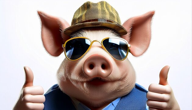A pig wearing sunglasses and a fisherman hat giving two thumbs up; pig with human hand giving thumbs up