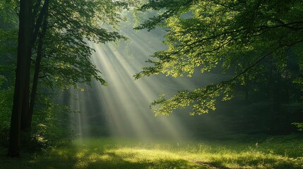 Obraz premium A gentle beam of light filtering through a foggy forest, casting soft rays and shadows with copy space on the left.