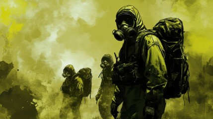 Fototapeta premium Dramatic Depiction of Three Figures in Gas Masks and Hazmat Suits Against a Vibrant Yellow Background, Evoking Themes of Survival and Environmental Hazard