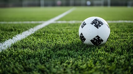 Fototapeta premium Soccer Ball on the Pitch: A classic soccer ball rests on a meticulously manicured green field, framed by the stark white lines of the pitch, inviting the viewer to the thrill of the game.