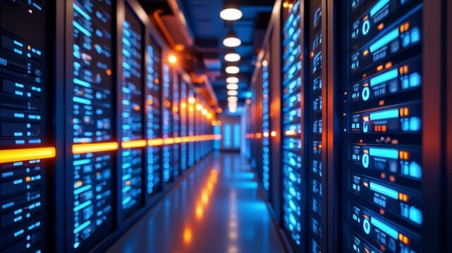 Abstract view of a modern data center with illuminated server racks showcasing vibrant blue and orange lights representing technology and digital data flow