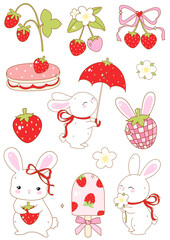 Set of illustrations of Strawberry cute coquette bunny in different poses and emotions with flowers and umbrella