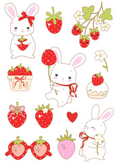 Strawberry Bunny Love SVG PNG Clipart Set Valentine's Bunny Strawberry Rabbit Easter Clipart Cutfile Hand-Drawn Sublimation Digital Download