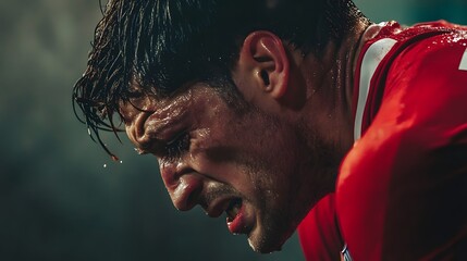 Intensity on the Field: A close-up shot of a determined athlete, face etched with strain and beads of sweat glistening on his brow, embodying the grit and passion of sports.