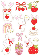 Strawberry cute coquette bunny red bows 51 SVG clipart Set of cartoon retro groovy funny bunnies spring, berry summer clip art Sublimation