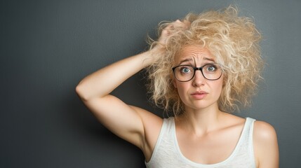 Woman with blonde curly hair scratching her head, looking confused. She's wearing glasses and a white tank top against a gray background. The expression is one of uncertainty and mild frustration.