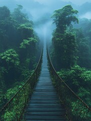 Fototapeta premium Fog enshrouds a long, elevated wooden bridge in a verdant tropical forest