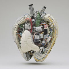 A heart-shaped wiring design featuring intricate electronic circuits and devices. The detailed connections and components symbolize technology, innovation, and the fusion of electronics with emotion