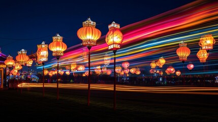 Vibrant lanterns illuminate the night. Colorful trails of light weave through a festive atmosphere. Celebrate culture and tradition. Generative AI