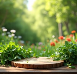 Rustic wooden podium or tree stump table in a lush green garden with soft sunlight filtering through the trees. A perfect natural backdrop for product display, food photography, or outdoor themed 