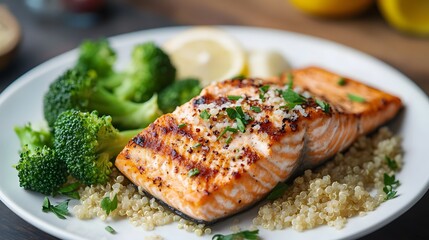 Grilled Salmon with Broccoli: A culinary masterpiece featuring a perfectly grilled salmon fillet, vibrant green broccoli florets, and quinoa on a plate.