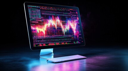Modern computer monitor displaying vibrant dynamic stock market graph with colorful data streams on reflective dark surface with neon blue pink lighting