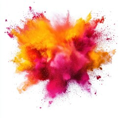 Vibrant Explosion of Colorful Powder Creating a Distinctive Abstract Artwork with Splashes of Yellow, Orange, Pink, and Red Against a White Background