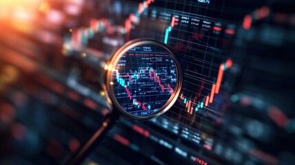 A Magnifying Glass Highlights a Downward Trend in Fluctuating Stock Market Graphs Displayed on a Digital Screen Showing Complex Financial Data Analysis