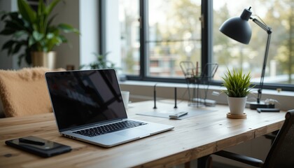 Modern Laptop on Rustic Wooden Desk - Workspace Detail
