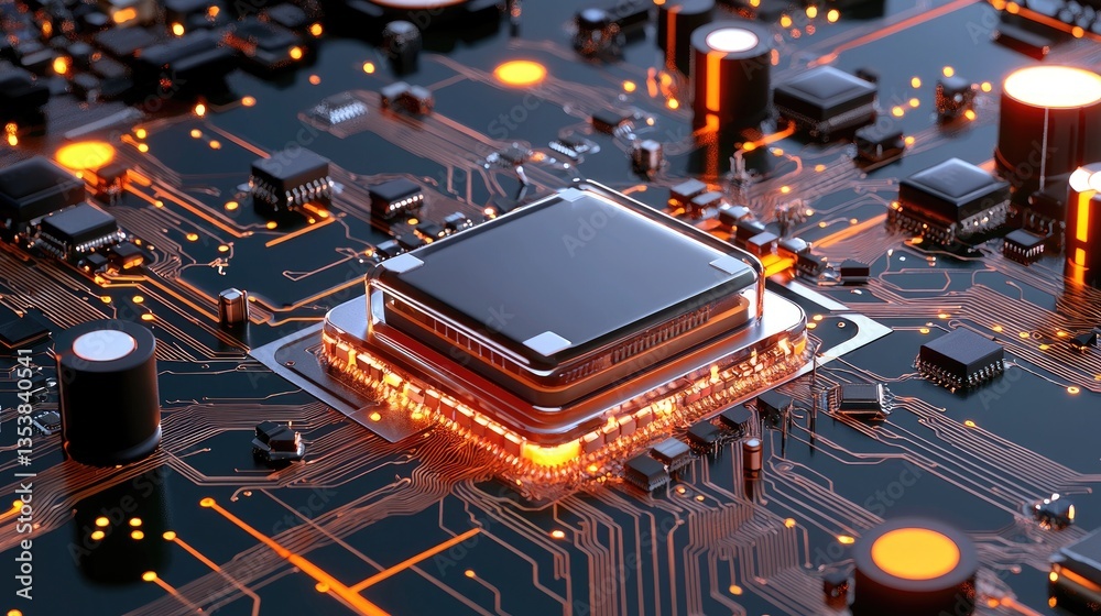 Poster futuristic transparent microprocessor chip with data flow visualization and glowing components.