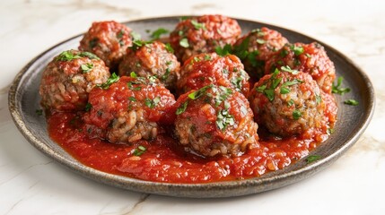 Fototapeta premium Savory Meatballs in Rich Tomato Sauce Garnished with Fresh Herbs