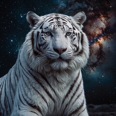 Naklejka premium A cosmic white tiger with a galaxy pattern in its fur, standing under the stars.