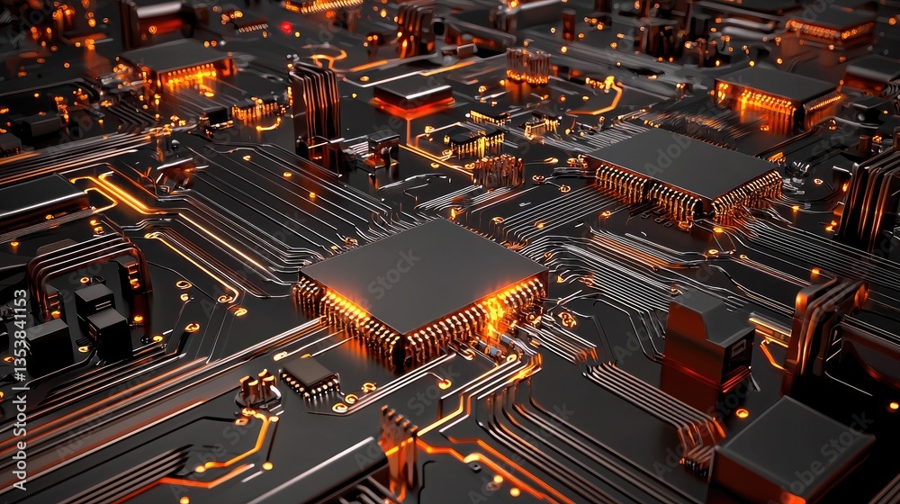 Poster glowing tech-inspired circuit pathways forming a digital neural network of modern electronics.