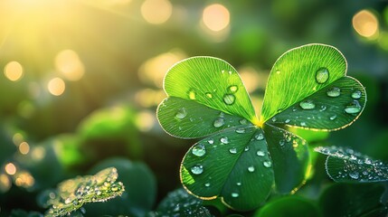 Vibrant green clover with dew drops bathed in golden sunlight, symbolizing luck and renewal in nature's embrace.
