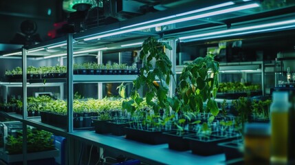 A biological lab where glowing DNA from plants is studied to increase crop yields in the face of climate change. 