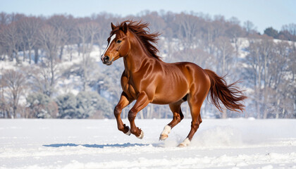 Obraz premium Majestic horse running joyfully in a snowy landscape 