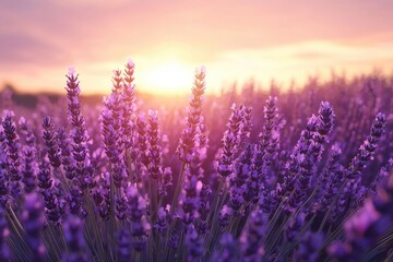 A vibrant field of purple lavender plants bathed in sunlight