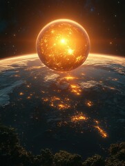 Obraz premium Glowing sphere above earth; night city lights