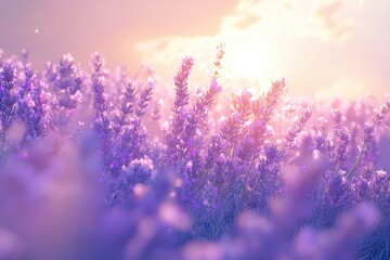 Naklejka premium A field of blooming lavender plants with sunlight shining through them