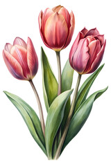 Fototapeta premium Three Pink Tulips Watercolor Botanical Illustration Spring Flowers