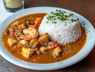 A plate of seafood gumbo with a mound of white rice, ready to be savored