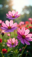 Obraz premium Pink & white cosmos in full bloom, vibrant sunlight , pink, blossom