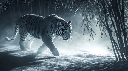 White Tiger in a Misty Forest Illuminated by Moonlight