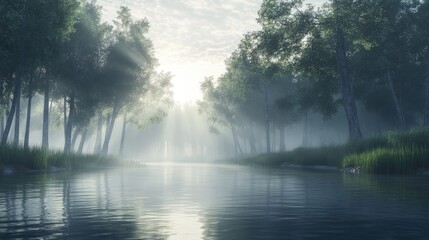 Fototapeta premium Tranquil river scene with ethereal mist rising between verdant trees, showcasing serene morning