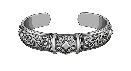 Detailed Silver Bracelet Illustration Featuring Intricate Floral and Geometric Ornament