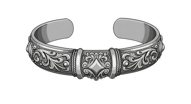 silver cuff bracelet with ornate floral design clip art preview