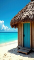 Quaint thatched beach hut, weathered wood, vibrant blue sea , summer house, sand