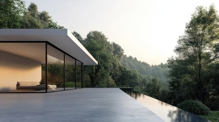 Contemporary home with expansive glass windows blending seamlessly with nature scenery