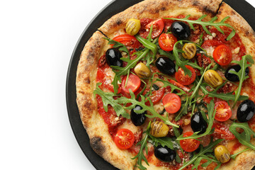 Tasty pizza with olives, tomatoes and arugula isolated on white, top view