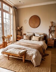 Fototapeta premium A Japandi-inspired bed setup with taupe and sandy beige bedding, accented with warm wood deco