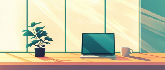 Fototapeta premium Sleek laptop resting on a textured wooden table with green indoor plant in spring light