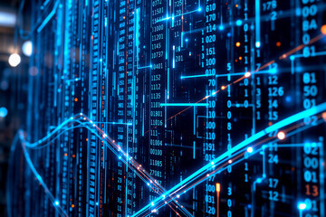 Abstract digital screen with glowing blue lines and numbers, visualizing data flow in a futuristic technology environment.
